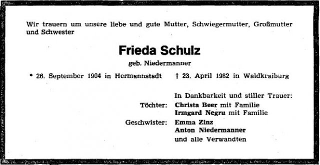 Niedermanner Frieda 1904-1982 Todesanzeige